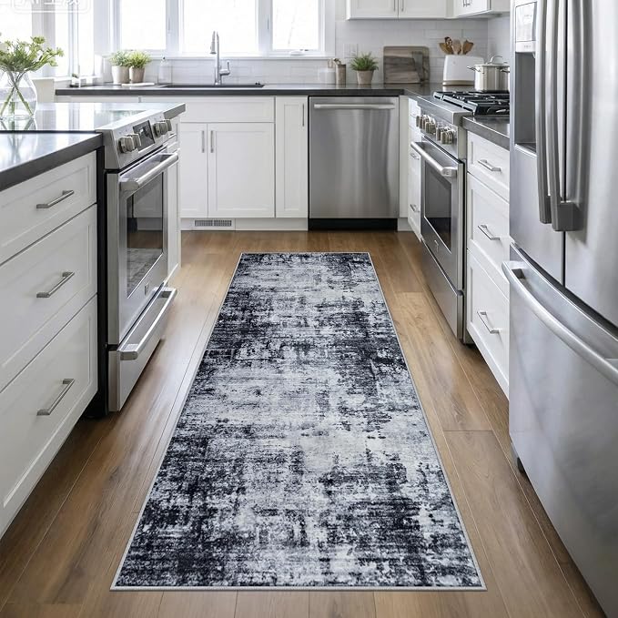 Washable Area Rug 3x10 Entryway Rug: Washable Modern Abstract Soft Thin Rug Indoor Floor No Slip Stain Resistant Carpet for Bedroom Dining Room Farmhouse Nursery Home Office - Dark Black by FXRHLP