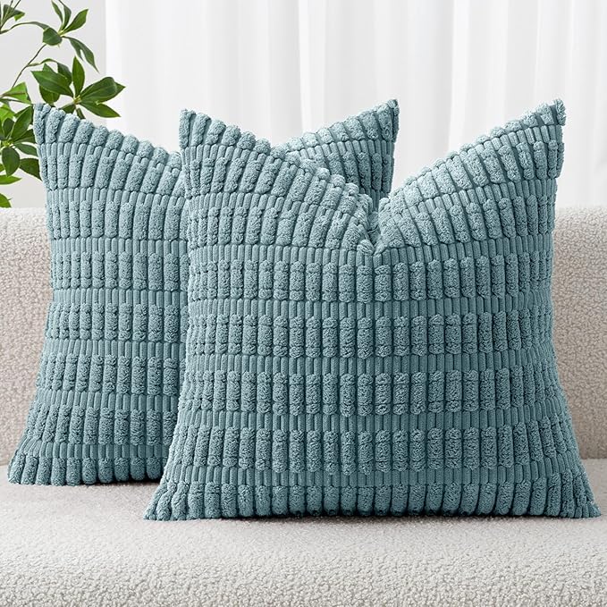 MIULEE Pack of 2 Corduroy Decorative Throw Pillow Covers 18x18 Inch Soft Boho Striped Pillow Covers Modern Farmhouse Home Decor for Summer Coastal Sofa Living Room Couch Bed Coastal Blue by MIULEE