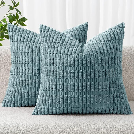 MIULEE Pack of 2 Corduroy Decorative Throw Pillow Covers 18x18 Inch Soft Boho Striped Pillow Covers Modern Farmhouse Home Decor for Summer Coastal Sofa Living Room Couch Bed Coastal Blue by MIULEE
