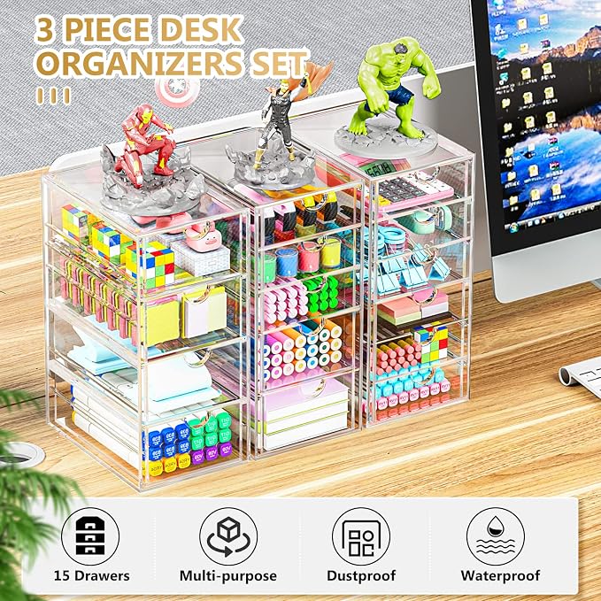 YFXCVSL 3-Pack Acrylic 15-Drawer Storage & Makeup Organizer for Desk | Smooth-glide drawers, clear acrylic, dustproof, waterproof, wipe-clean, for nail polish, essential oils, hair clips - Image 5