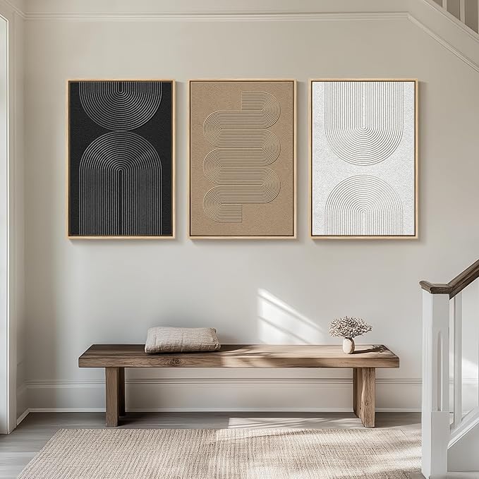Large Framed Boho Modern Neutral Abstract Wall Art for Living Room, 3 Piece Black and White Canvas Prints Paintings Artwork for Walls, Geometric Pictures for Office Bedroom Dining Room Decor, 24x36 In - Image 3