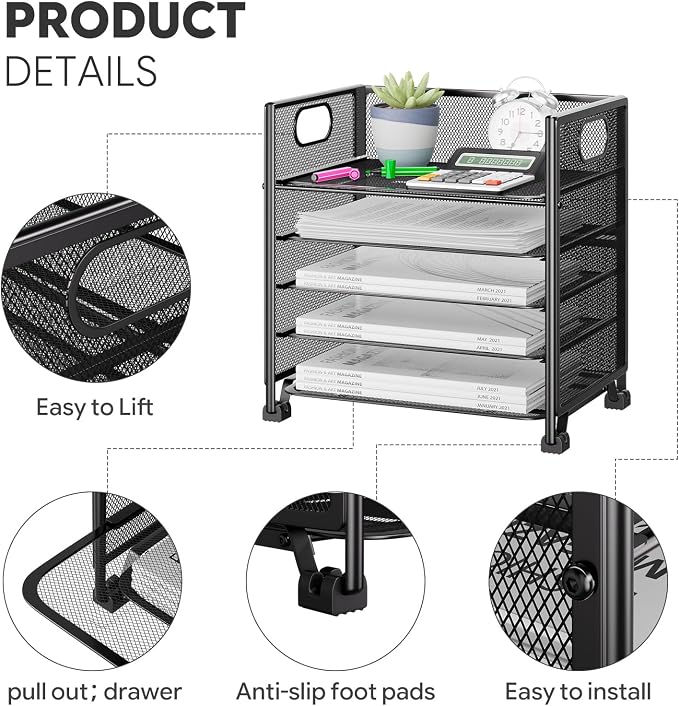 Simple Trending 5-Tier Paper Tray Organizer, File Organizer for Desk, Black | Letter Tray Holder with Handle. Sturdy Metal Frame. Non-slip Feet. Black for Office Home School. 13.25"L x 9.25"W x 13"H - Image 4