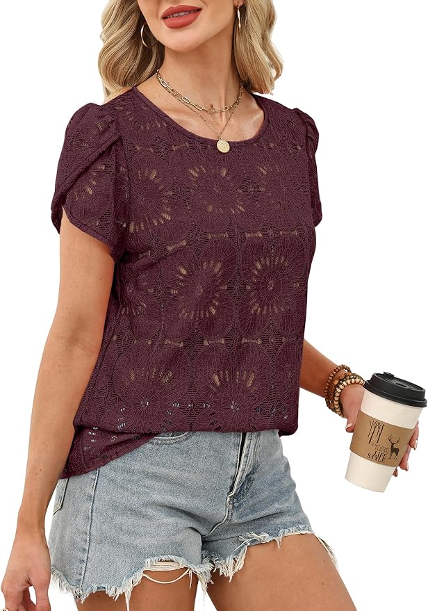 OFEEFAN Blouses for Women Dressy Casual Petal Short Sleeve Shirts Crochet Lace Boho Tops Spring Fashion Summer Outfits - Image 4