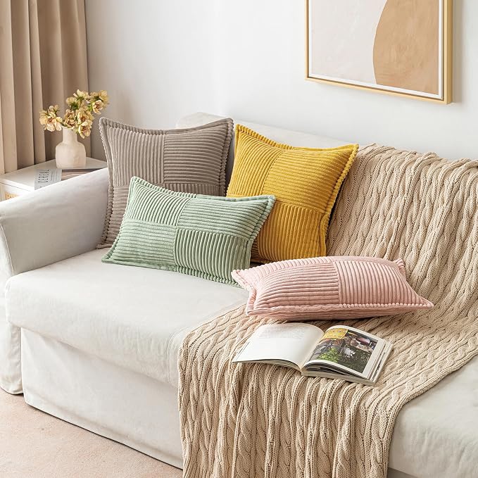 MIULEE Decorative Lumbar Throw Pillow Covers for Couch Bed Livingroom 12x20 Inch Set of 2 Light Brown Boho Accent Throw Pllows Broadside Striped Patchwork Soft Corduroy Pillowcases - Image 4