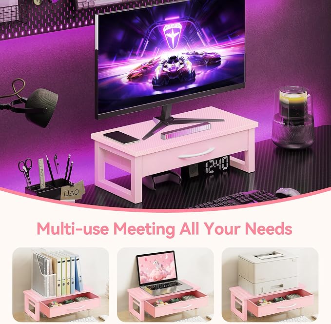 Desk Organizers and Accessories, Computer Monitor Stand Riser with Fabric Drawer, 2-Tier Laptop Stand for Desk, Office Organization Accessories, Pink - Image 5