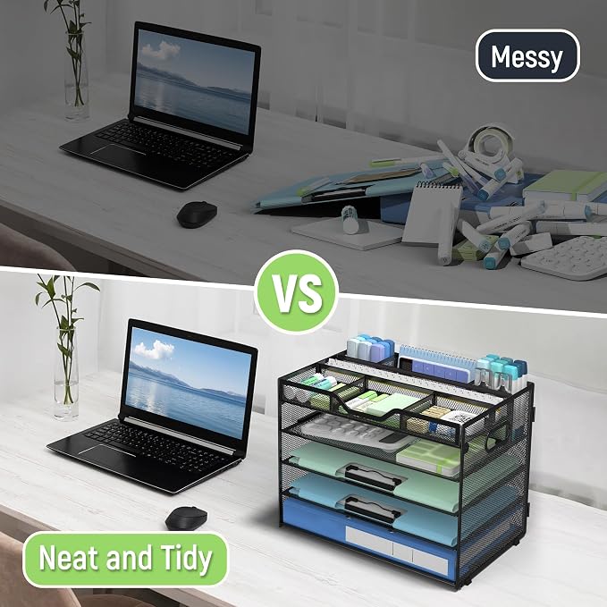 Docnest 5 Tier Mesh Desk Organizer with Removable Tray&Pen Holder, Black | Features 3 detachable pen holders and 4 removable dividers.Versatile mesh desktop storage for mail, document,office supplie - Image 2