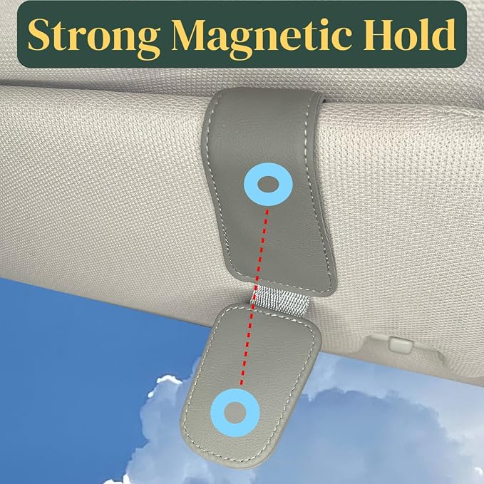 CHOSMOYI Magnetic Leather Sunglass Holder for Car, Sunglasses Clip for Car Visor, Auto Interior Accessories Universal for Different Size Eyeglasses (Grey) - Image 2