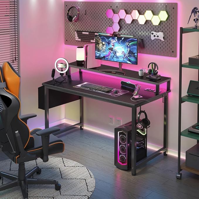 Lufeiya Gaming Desk with Power Outlets and LED Lights, 40 Inch Gamer Desk Table with Charging Station, Home Office Computer Desks with Monitor, Black - Image 2