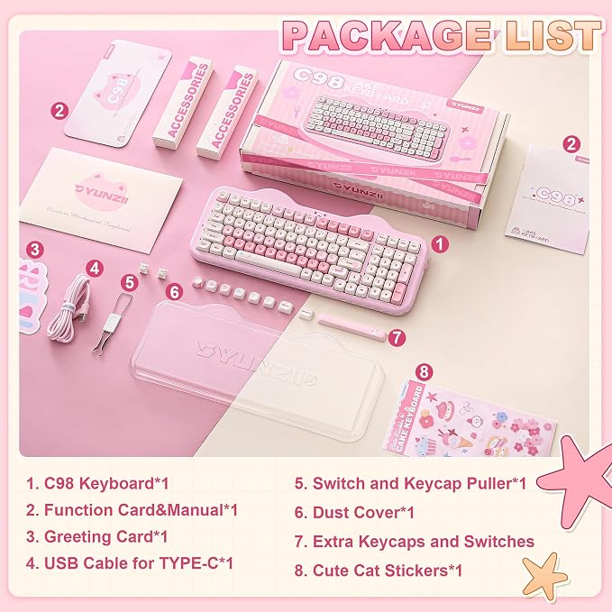 YUNZII C98 Cute Cake Wireless Mechanical Keyboard (Pink, Milk Switch) | 99 Keys with Number Pad, Hot Swap, PBT MOA Keycaps, BT5.0/2.4G/USB-C, Gasket Mount, Custom RGB Backlit for Win/Mac - Image 9
