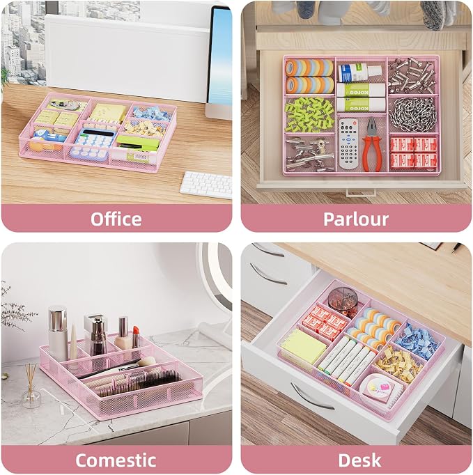 Marbrasse Pink Desk Drawer Organizer, Metal Mesh Drawer Organizer Tray with 5 Adjustable Compartments,Desk Organizers and Accessories for Home,Office,Kitchen,Makeup,Vanity (Pink) - Image 5