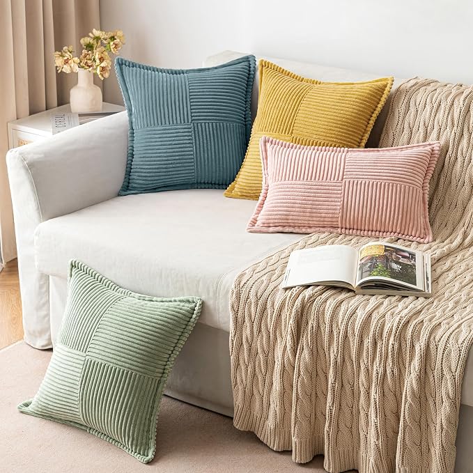 MIULEE Decorative Lumbar Throw Pillow Covers for Couch Bed Livingroom 12x20 Inch Set of 2 Gold Boho Accent Throw Pllows Broadside Striped Patchwork Soft Corduroy Summer Pillowcases - Image 5