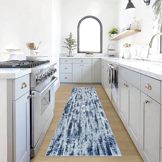 2'6''x8' Runner Rugs Washable Rug: Modern Abstract Living Room Rug Soft Anti-Skid Thin Carpet Indoor Floor Non-Shedding Carpets for Bedroom Dining Room Farmhouse Nursery Home Office Blue Grey by GENTDRIZZ