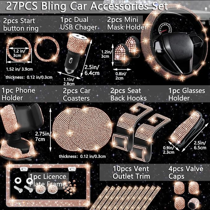 NBTEPEM 27 PCs Gold Champagne Bling Car Accessories Set for Women, Steering Wheel Covers Universal Fit 15 Inch, Bling License Plate Frame, Bling Phone Holder, Bling Car Coasters - Image 2