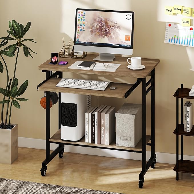 Tangkula Rolling Computer Desk Cart with Keyboard Tray, Mobile Portable Laptop PC Desk with CPU Stand & 3 Hooks for Sofa & Bed, Compact Small Desk on Wheels for Small Spaces (Grey) - Image 2