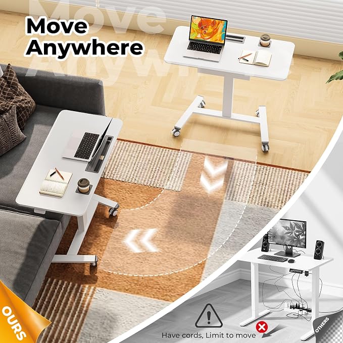 40"×20" Mobile Desk with Drawer, Rolling Desk with Storage | Height Adjustable Portable Laptop Desk on Wheels, Small Computer Desk with Cup Holder and Hooks for Study & Work, White - Image 4