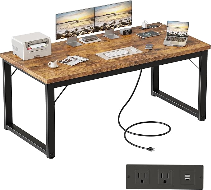 Mericonia 54 Inch Computer Desk with Power Outlets, 1.2" Thick Office Table | Modern Simple Style, Heavy Duty Industrial Frame, Study & Writing Table for Home Bedroom Work, Brown by MERICONIA