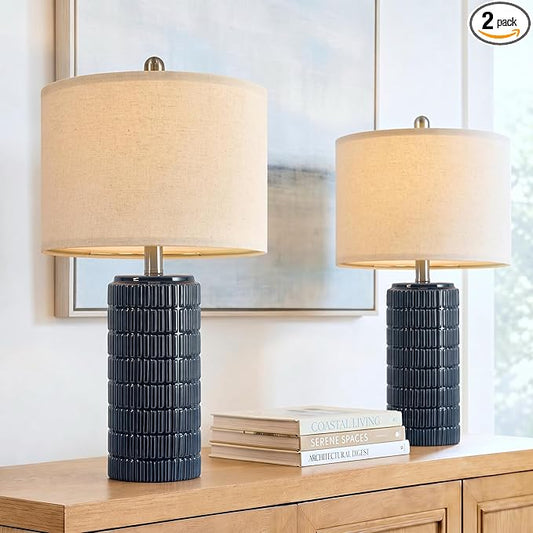 PoKat 23" Blue Table Lamps, Farmhouse Bedside Lamps for Bedroom Set of 2, Ceramic End Table Lamps for Living Room, Traditional Nightstand Desk Lamps, Medium by Pokat