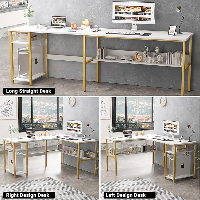 Unikito Reversible L Shaped Desk with Magic Power Outlets and USB Charging Ports, Sturdy Corner Computer Desk with Storage Shelves, Gaming Table Home Office Desk, Easy to Assemble, White and Gold - Image 7