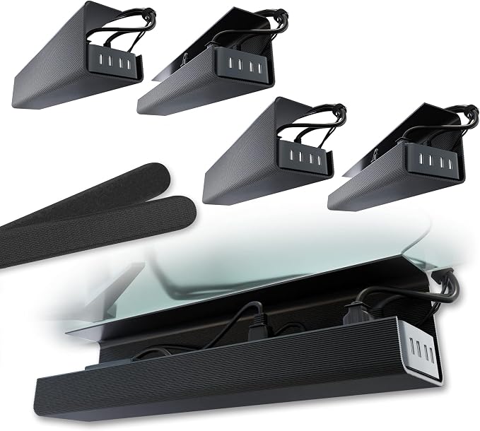 No-Screw Under Desk Cable Management Tray - Self-Adhesive Installation, Cord Management, Cable Tray, Under Desk Wire Organizer - Black Set of 4 by ScandinavianHubCableTrays