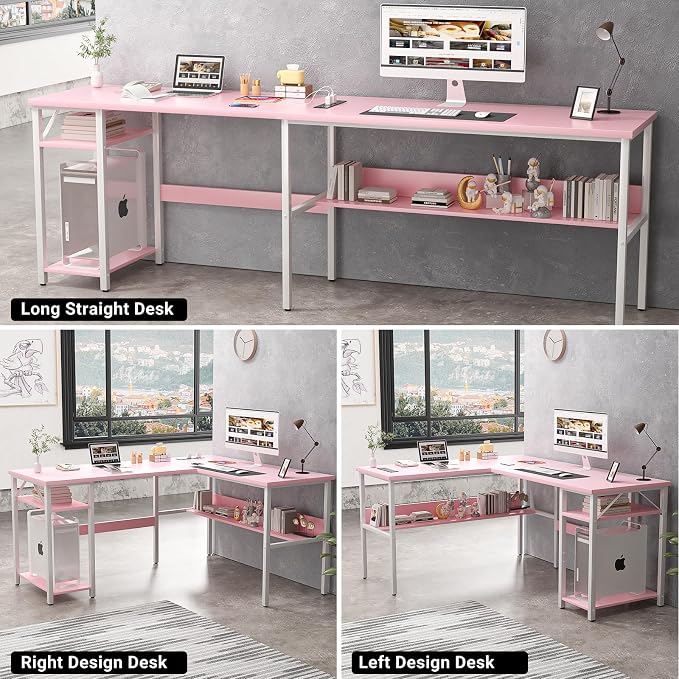 Unikito Reversible L Shaped Desk with Magic Power Outlets and USB Charging Ports, Sturdy Corner Computer Desk with Storage Shelves, Gaming Table Home Office Desk, Easy to Assemble, Pink - Image 6