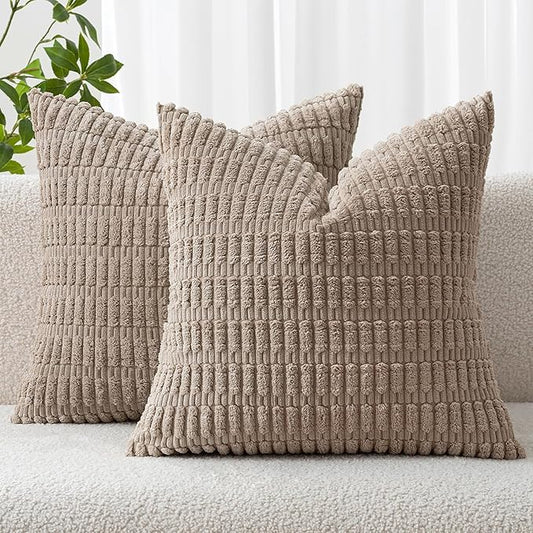 MIULEE Pack of 2 Corduroy Decorative Euro Sham Throw Pillow Covers 22x22 Inch Soft Boho Striped Pillow Covers Modern Farmhouse Home Decor for Sofa Living Room Couch Bed Light Brown by MIULEE
