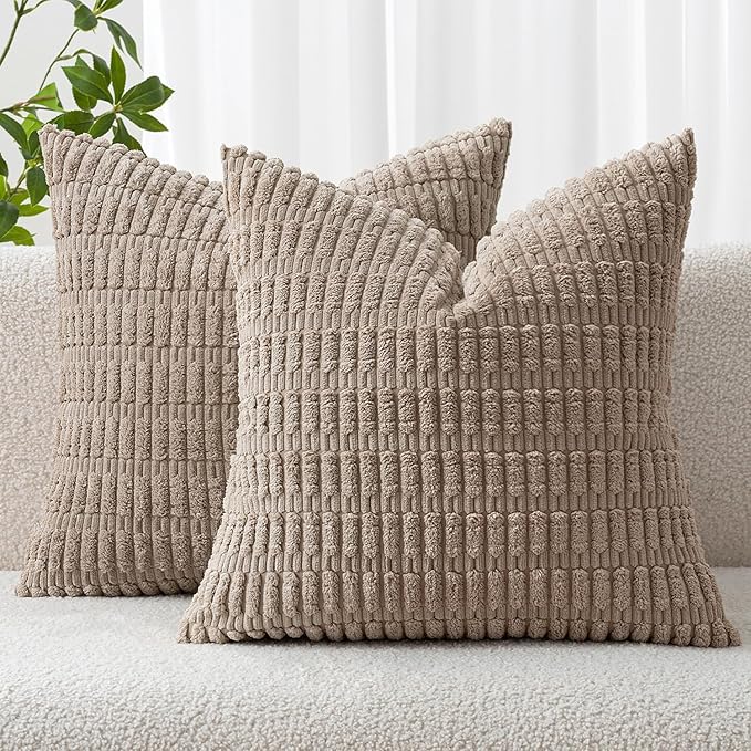 MIULEE Pack of 2 Corduroy Decorative Throw Pillow Covers 16x16 Inch Soft Boho Striped Pillow Covers Modern Farmhouse Home Decor for Sofa Living Room Couch Bed Light Brown by MIULEE