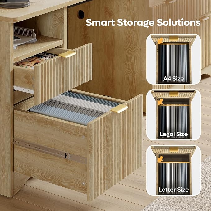 Bestier 59 inch Computer Desk with 2 Drawers, Office Desk with Storage File Cabinet and 2 Open Storage Shelves, Modern Fluted Executive Desk for Home Office Bedroom, Natural Oak - Image 3
