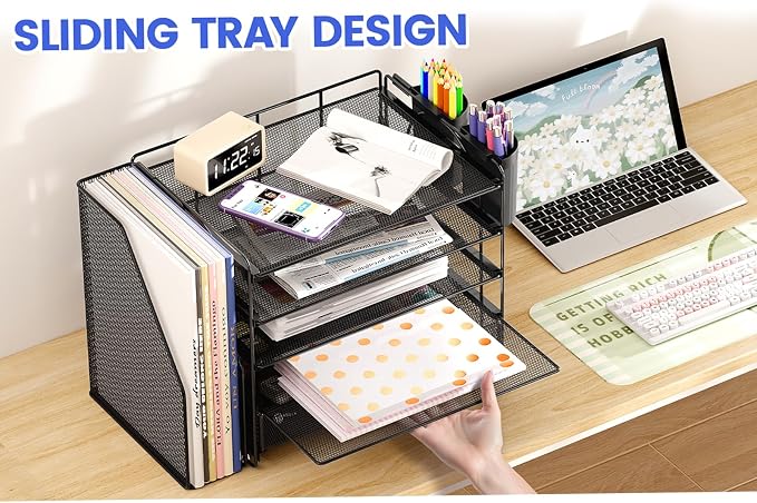 OPNICE Desk Organizer, 5-Tier Desktop File Organizer with Drawer and Pen Holders, Office Desk Accessories, File Sorters, Workspace Organizers for Office Supplies(Black) - Image 7