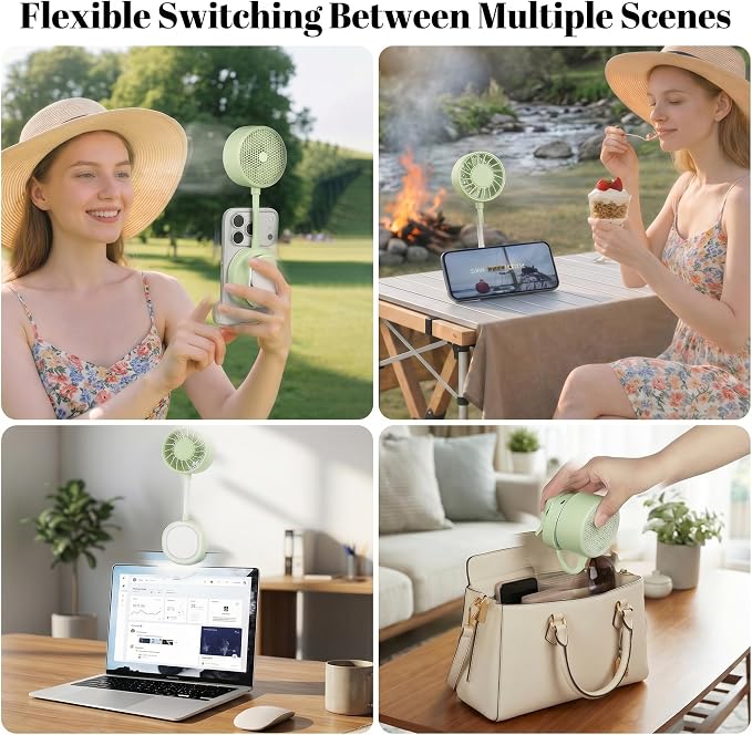 Portable Magnetic Phone Fan, Rechargeable Small Clip Fan & Phone Stand with Ultra-Wide Airflow, 3 Speeds, 360° Adjustable, Ideal for Beach, Stroller, Office, Desk & Outdoor Travel (Green) - Image 4