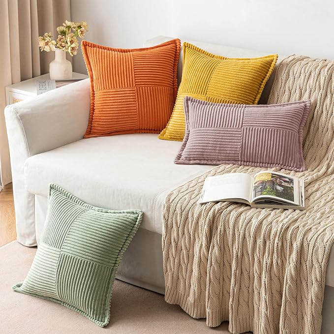 MIULEE Spring Decorative Throw Pillow Covers for Couch Bed Livingroom 20x20 Inch Set of 2 Blush Pink Boho Accent Throw Pllows Broadside Striped Patchwork Soft Corduroy Pillowcases Valentine Decor - Image 5