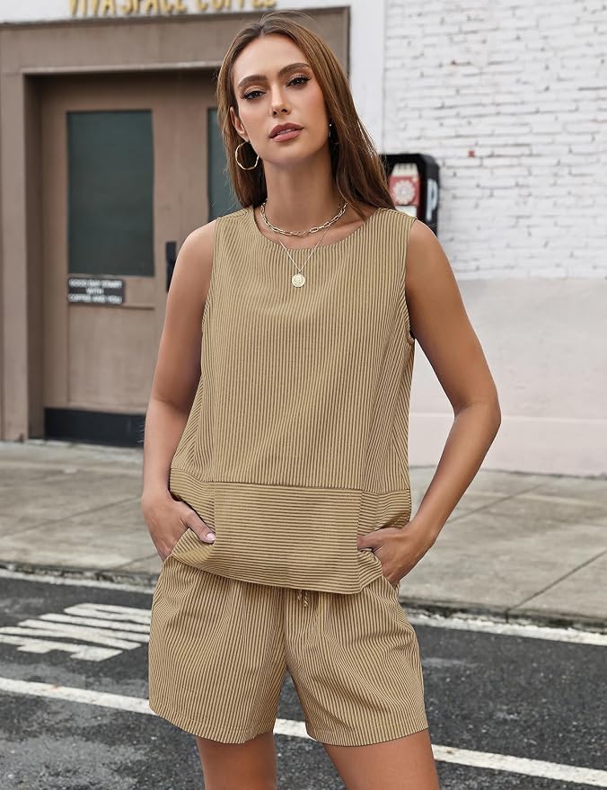 LOMON Women's Trendy 2 Piece Outfits Shorts Sets Summer Crew Neck Sleeveless Tank Top and Bottom Matching with Pockets 2026 - Image 7