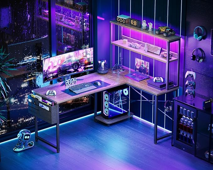 AODK L Shaped Desk Gaming Desk with LED Light & Power Outlet | 53 Inch Grey Oak Reversible L Shaped Computer Table with Shelf & Storage Bag & Hook for Home Office - Image 2