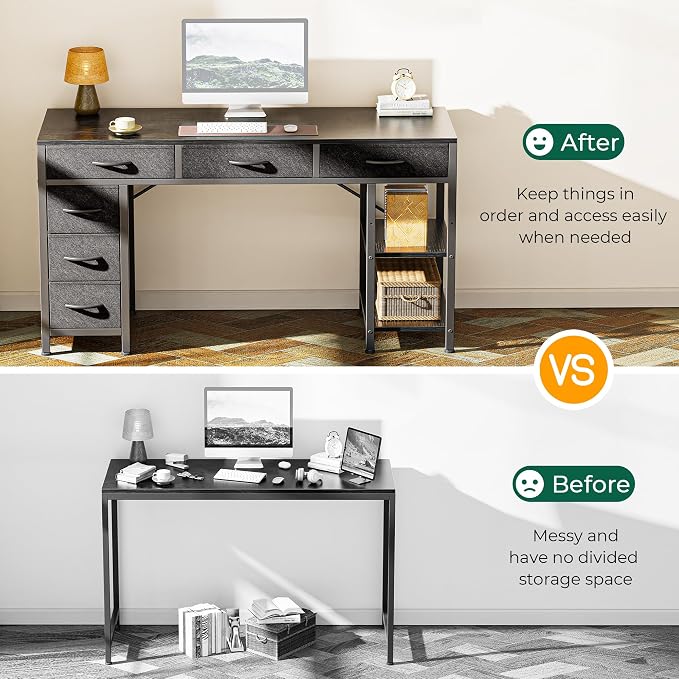 Huuger Computer Desk with 6 Drawers, Office Desk with Shelves, Reversible Gaming Desk, Corner Desk with Storage, Work for Home Office, Study, Living Room, 47inch, Black - Image 5