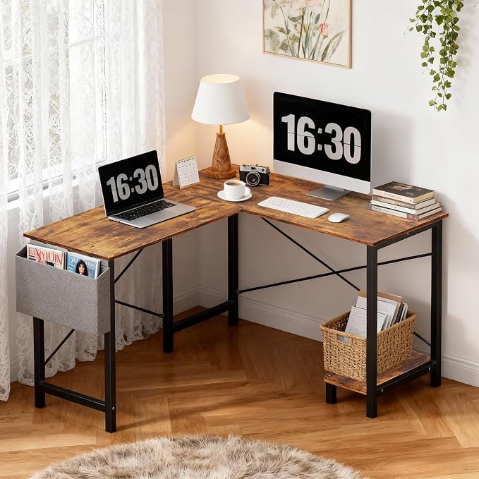 OLIXIS L Shaped Desk, 50-Inch Office Computer Gaming Desks Corner PC Table with Side Bag and Reversible Shelf for Home Work Study Writing Rustic Brown | Side Bag, Reversible Shelf, Home Work Study Writing, PC Workstation, Easy Assembly, Rustic Brown - Image 5