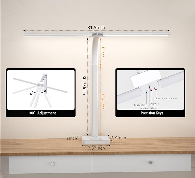 Double Head LED Desk Lamp, Architect Desk Lamps for Home Office, 24W Brightest Workbench Office Lighting-5 Color Modes and 5 Dimmable Eye Protection Modern Desk Lamp (White-Desktop, Big) - Image 3