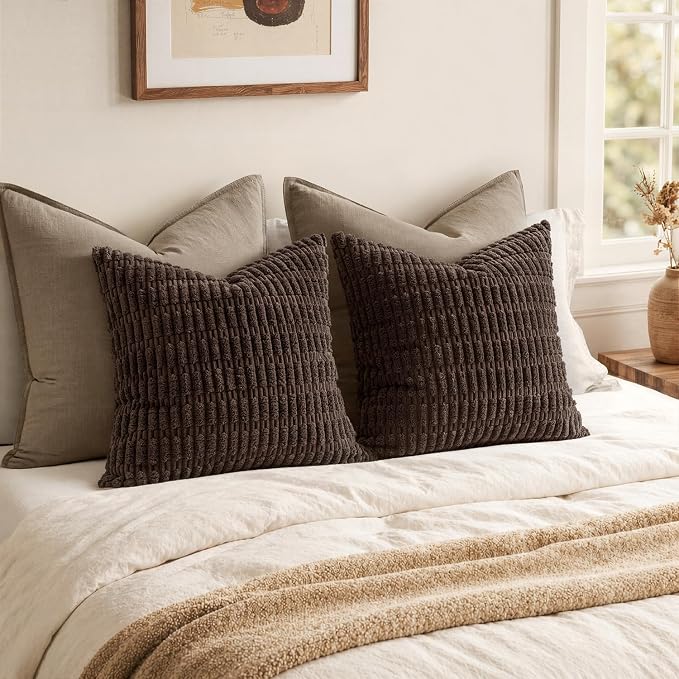 MIULEE Pack of 2 Corduroy Decorative Throw Pillow Covers 18x18 Inch Soft Boho Striped Pillow Covers Modern Farmhouse Home Decor for Sofa Living Room Couch Bed Dark Brown - Image 5