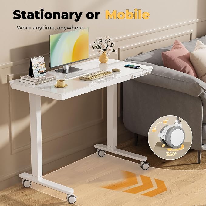 40" Glass Standing Desk with Drawer, Electric Stand up Desk | Height Adjustable Desk with One-Piece Tabletop & USB Charging Ports, Sit Stand Desk with Storage for Home Office, White - Image 6