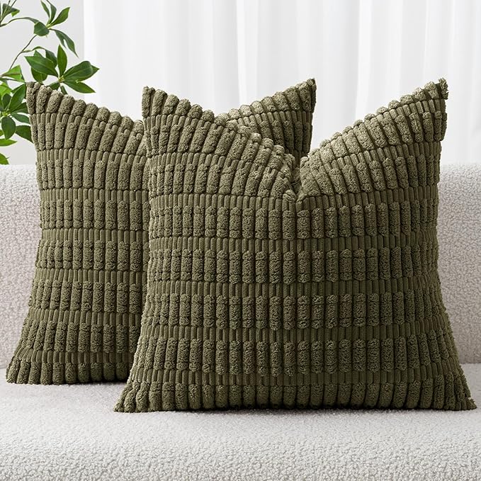 MIULEE Pack of 2 Spring Corduroy Decorative Throw Pillow Covers 20x20 Inch Soft Boho Striped Pillow Covers Modern Farmhouse Home Decor for Summer Sofa Living Room Couch Bed Olive Green by MIULEE
