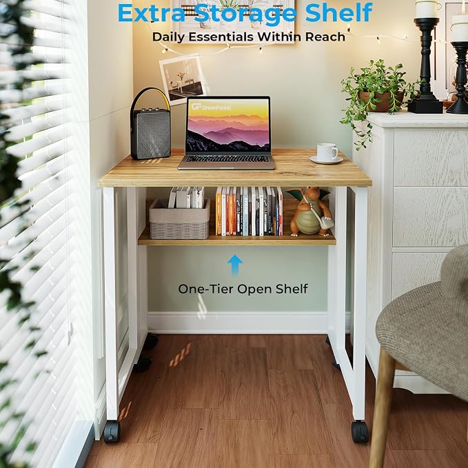 GreenForest Folding Desk with Wheels, 31.5" Rolling Table for Small Spaces | Storage Shelf, Lockable Casters, Compact Portable Workstation, Space-Saving Foldable Sofa Table, Home Office, Mobile, Oak - Image 5