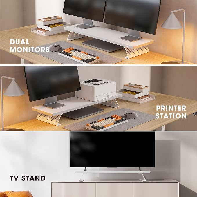Fenge Monitor Stand Riser, Desk Top Shelf for 2 Monitors, Computer Stands for Desk, Wood & Steel Desktop Riser for Laptop, PC, Printer - Image 7