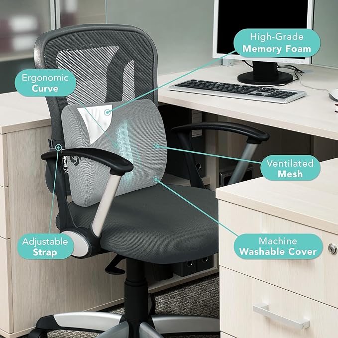 Samsonite Memory Foam Lumbar Support Pillow for Office Chair, Gaming Chair & Car Seat Automotive Use, Ergonomic Back Cushion, Work from Home Essentials, Office Essentials for Sitting Comfort, Grey - Image 6