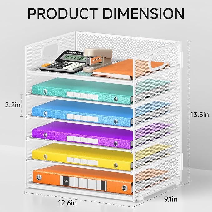 6 Tray Paper Organizer Letter Tray with Handle - Mesh Desk File Organizer, Paper Sorter Organizer for Office, Home or School File Folder Holder - White - Image 2
