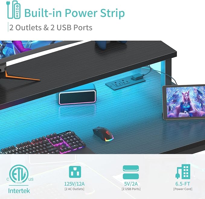 Lufeiya Black Gaming Desk with LED Lights and Power Outlets, 40 Inch Teen Writing Study Table Home Office Desks with Monitor Stand, Computer Desk with Charging Station USB Port, Black - Image 6