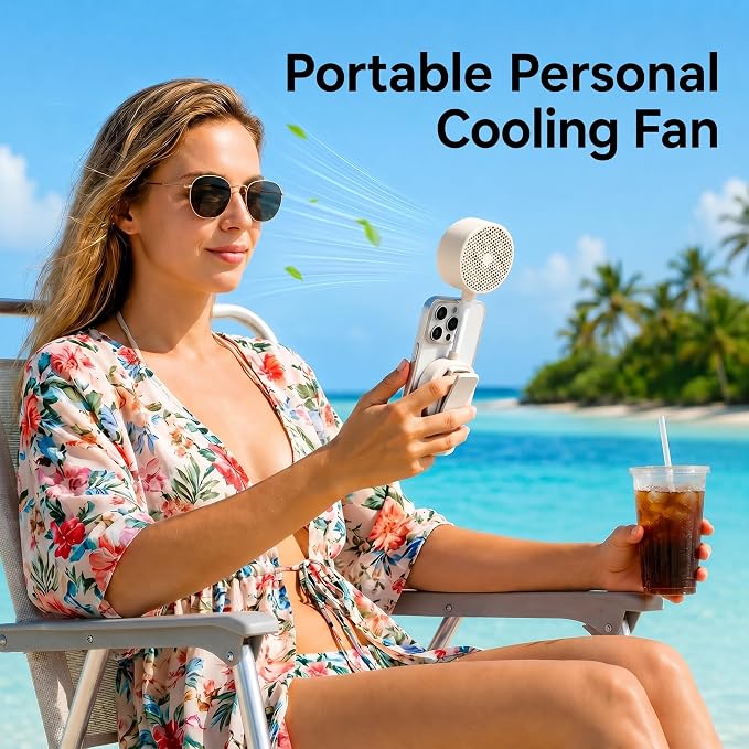 Magnetic Portable Phone Fan, Handheld Small Fan & Phone Holder with 360° Flexible Gooseneck, 3 Speeds, Rechargeable, Pocket Size Summer Cooling for Women, Travel, Beach, Makeup Use (Begie) - Image 2