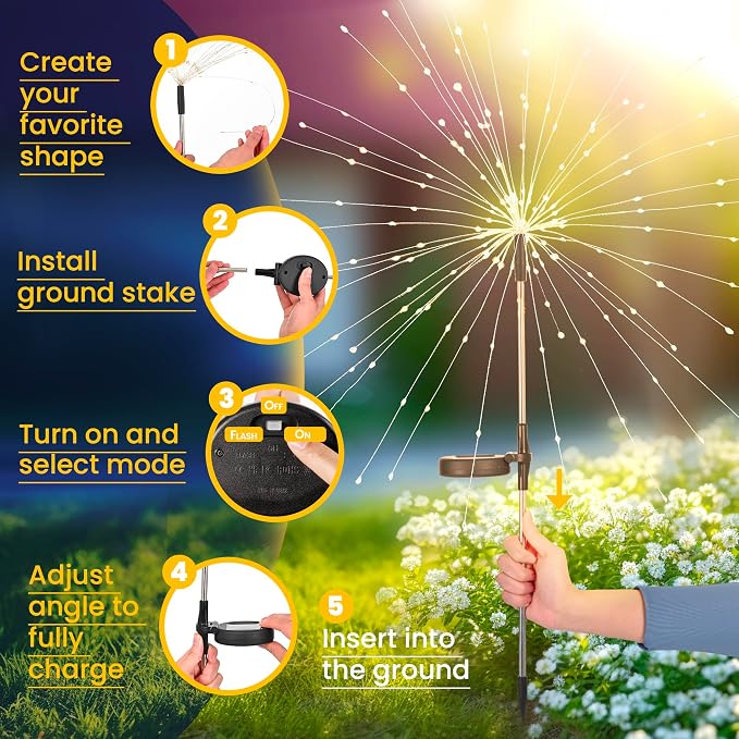 GIGALUMI Garden Decor Outdoor Lights 120LED 6Pack, Solar Garden Lights Outside Fairy Firework Decorative,Solar Powered for Yard Pathway Flowerbed Planter Balcony Patio, Gifts for mom (Warm White - Image 8