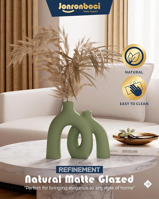 Hug Donut Decorative Vase Set - Sage Green Modern Nordic Boho Style Vases Home Decor,Matte Ceramic Decorations for Living Room Shelf, Bookshelf Mantle Entryway Table or Console Décor(Green) - Image 4