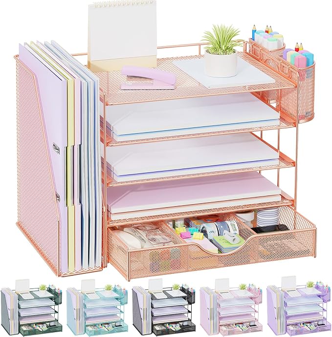 gianotter 5-Tier Desk Organizer with Drawers and File Holders | Letter Trays and Pen Holders - Workspace Accessories for Office Supplies (Rose Gold) by gianotter