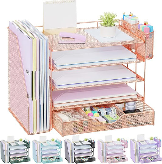 gianotter 5-Tier Desk Organizer with Drawers and File Holders | Letter Trays and Pen Holders - Workspace Accessories for Office Supplies (Rose Gold) by gianotter