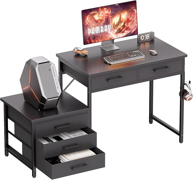 Pamray 47 inch Computer Desk with 5 Drawers and Printer Space for Office | Ample Storage, Space-saving, Easy Assembly, Sturdy, Suitable for Home Office, Study and Writing, Bedroom and Dorms by PAMRAY