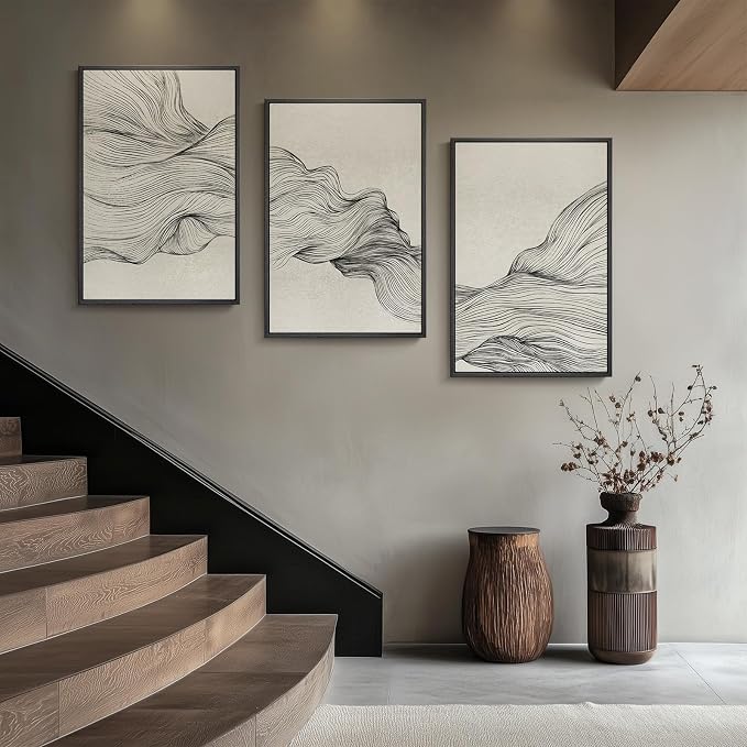 Large Framed Black and Beige Neutral Abstract Wall Art for Living Room, 3 Piece Modern Canvas Prints Paintings Artwork for Walls, Minimalist Lines Pictures for Hallway Stair Office Wall Decor 24x36 In - Image 4